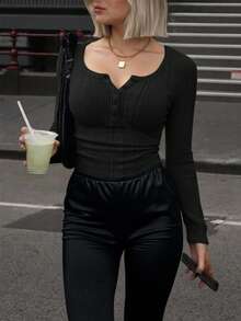 Siren Gaze 女士休闲针织百搭基本款圆领半扣罗纹针织长袖T恤修身T恤返校T恤教师T恤教师服装秋季女上衣秋季女装 - 黑色 - 查看 1