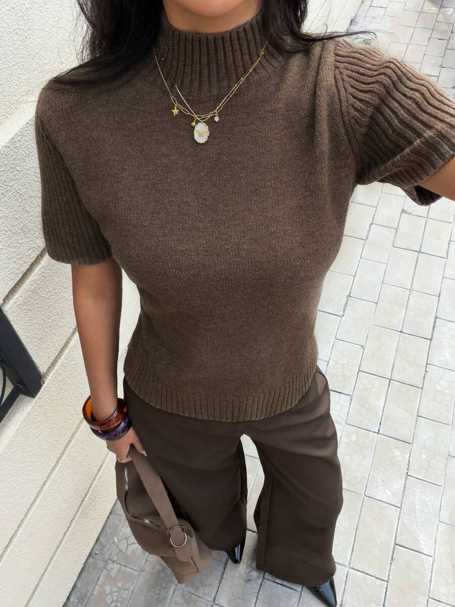 Siren Gaze Women's Solid Color Turtleneck Short Sleeve Wool Knit Top, Deep Brown, Brown Sweater, Brown Tops , All Season, New Year Clothes Summer Casual - Coffee Brown - View 1