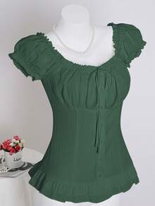 SHEIN Unity Women's Summer Solid Color Ruffle Hem Tie Waist Short Sleeve Blouse - Dark Green - View 3