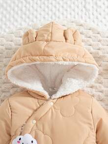 SHEIN Vintaside Kids 1 bộ áo liền quần mùa đông mới 2025 cho bé gái, họa tiết mây, lót giữ nhiệt, có mũ trùm đầu, mở phía trước, dễ thương, thời trang, dày dặn, ấm áp cho bé gái. - Màu Khaki - Xem 3