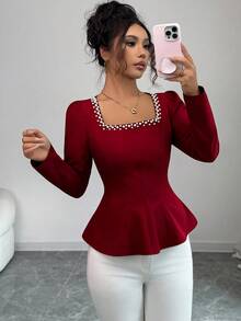Elenzga Women's Solid Color Square Collar Pearl Decor Waist Cinched Long Sleeve Blouse, Autumn - Burgundy - View 5
