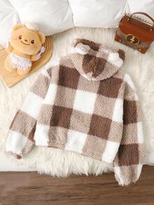 SHEIN Tween Girls' Plaid Reversible Thermal Lined Thick Teddy Jacket With Cute 3D Ear Hood, Casual Autumn/Winter - Brown - View 2