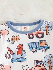 Cozy Pixies Baby Boy Snug Fit Pajama Set, Cartoon Farm Animal Print Soft Knit Crew Neck Long Sleeve Top And Elastic Waist Long Pants - Teal Blue - View 4