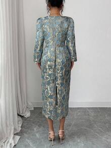 Elenzga Váy midi cổ vuông tay dài thắt eo bằng vải jacquard kim loại thanh lịch cổ điển có nút ngọc trai và xẻ tà phía trước - cái hồ màu xanh - Xem 2