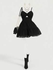 SHEIN MOD Vestido maxi de falda amplia de cintura alta con textura de gasa negra y nudo retorcido, adecuado para la temporada de bodas, tallas grandes - Negro - Ver 6