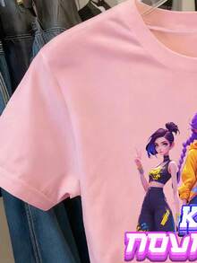 SHEIN 1 Áo thun tay ngắn dáng rộng in hình nhân vật hoạt hình Kpop dễ thương, phù hợp cho bé gái tuổi teen, tuyệt vời để mặc theo mùa Xuân, Hạ, Thu, Đông, Quà tặng Giáng sinh hoàn hảo cho bé gái - Hồng - Xem 3