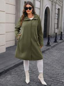 EMERY ROSE Plus Size Casual Solid Color Hooded Trench Coat, Autumn/Winter - Army Green - View 6