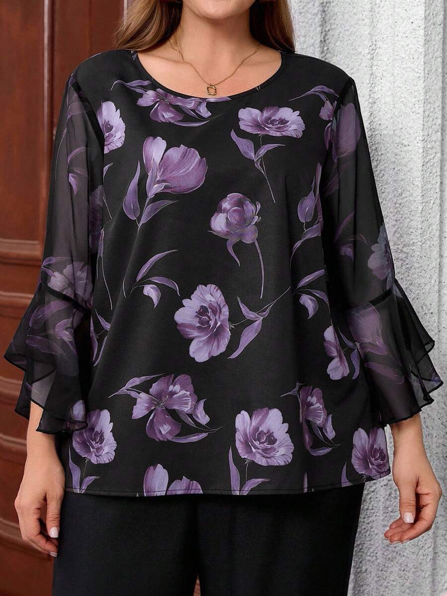 EMERY ROSE Blusa holgada con cuello redondo y mangas acampanadas con estampado floral para mujer de talla grande - Multicolor - Ver 1