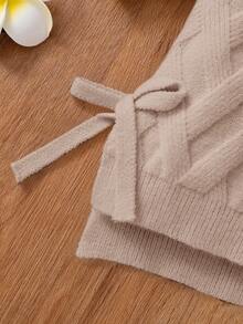 Young Girl Solid Stand Collar Fitted Casual Sweater Dress - Khaki - View 6
