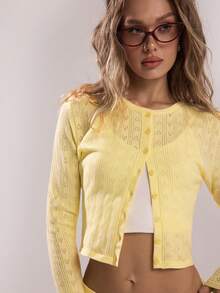 SHEIN BAE 2 Pieces Set,Women's Casual Pale Yellow Cute Lounge Knit Top And Low Waist Shorts,Autumn Fall Clothes For Women,Solid Color Fashion Sweaters Cardigans - Yellow - View 4