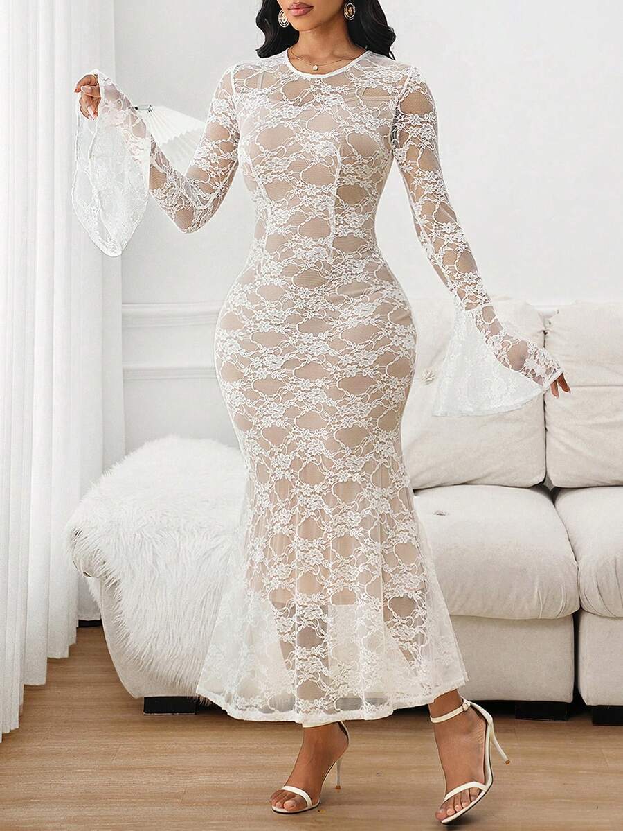 SHEIN Lady Women's Floral Lace Round Neck Bell Sleeve Mermaid Hem Fitted Elegant Dress - White - View 1