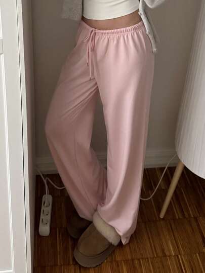 SHEIN EZwear 女士纯色抽绳腰柔软针织宽松休闲裤，秋冬，宽松裤