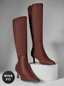 SHUZIA #WideCalf Women's 2.25" Slanted Kitten Heel & Pointed Toe Fabric Suede Brown Sleek Knee-High Boots– Designer-Inspired Elegance That Elevates Any Outfit With A Sophisticated, Chic Touch - Coffee Brown - View 5