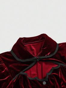 ROMWE Gothic Style Christmas Palace Bat Collar Cross Pendant Flare Sleeve Velvet Lace Jacket - Burgundy - View 3