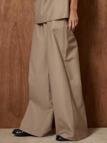 MUSERA 阔腿松紧腰带长裤，可爱约会之夜外出秋季夜生活工作清爽派对夏季休闲装 - 卡其色 - 查看 3