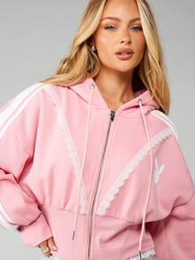 Missguided x Playboy Sudadera con capucha con cremallera, con texto bordado y detalle de encaje para mujer - Rosa - View 5