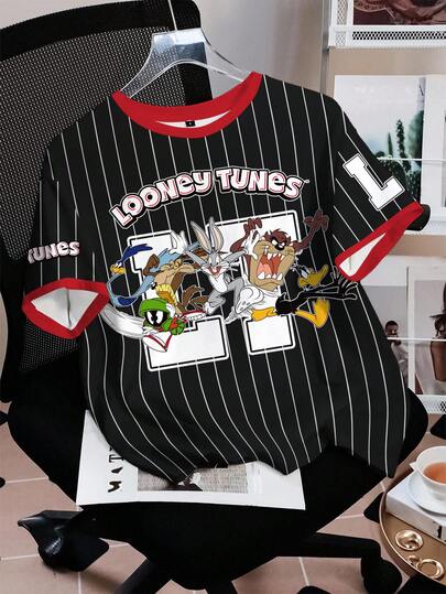 LOONEY TUNES X SHEIN Damen Lässig gestreiftes, Buchstaben- und Cartoon-Tier-Muster Rundhals Kurzarm Ringer T-Shirt, Sommer