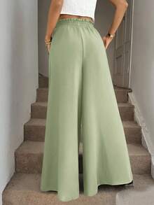 Easowa Quần ống rộng màu trơn thoải mái, đơn giản, thoải mái, dành cho nữ, quần công sở, quần đi làm, quần đi chơi, quần đi làm, quần đi làm văn phòng, quần đi chơi sân bay, quần Palazzo, phong cách Old Money - màu xanh lá - Xem 2