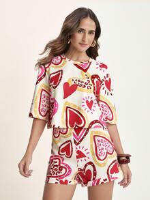 CAJUNI Women's Colorful Heart Print, Bohemian Style Apricot Mini Shorts, Casual Holiday Beach Shorts For Summer