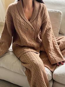 DAZY Conjunto de ropa de estar en casa holgada y acogedora de punto para mujer, para invierno - Camel - Ver 6