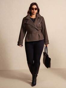 Elaquor Plus Size Women's Solid Color Lapel NeckLong Sleeve Double-Breasted Casual Jacket, Autumn/Winter Brown Office Old Money - Coffee Brown - View 4