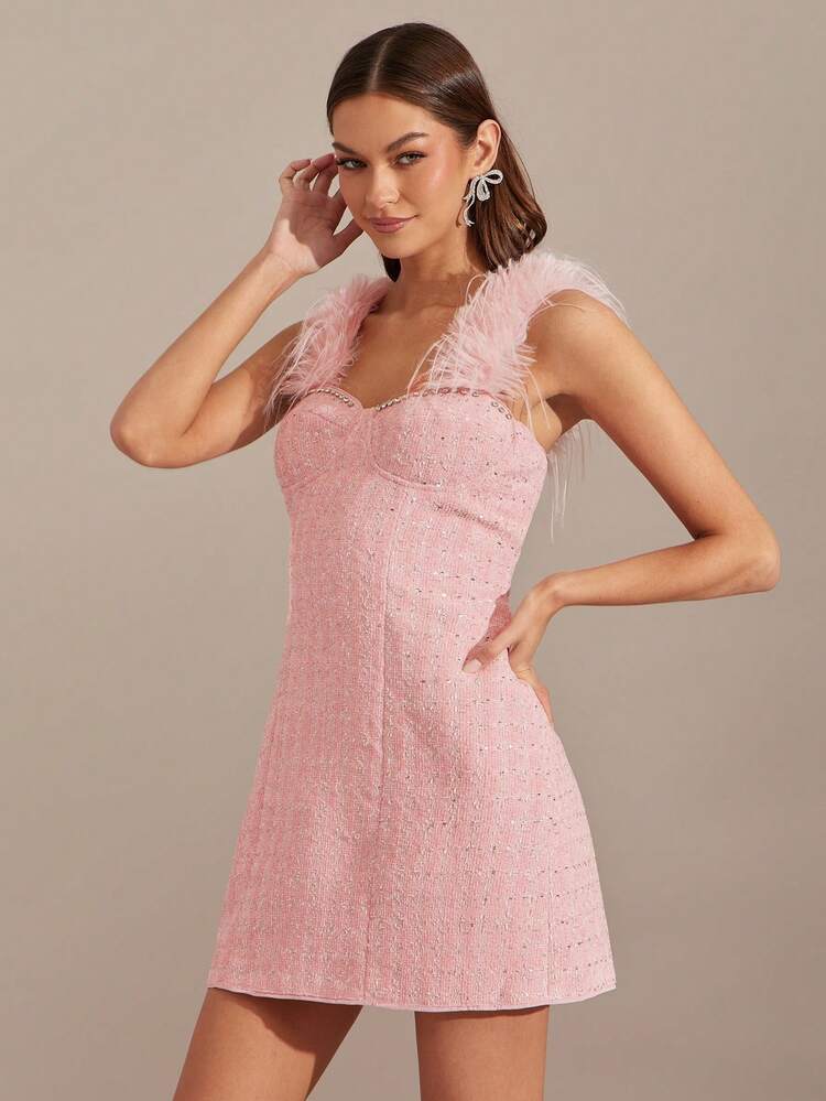 pink tweed dress shein Button Front Raw Hem Plaid Tweed Dress