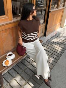 Serisse 女式条纹圆领休闲百搭无袖针织上衣，日常穿着 - 棕色 - 查看 6