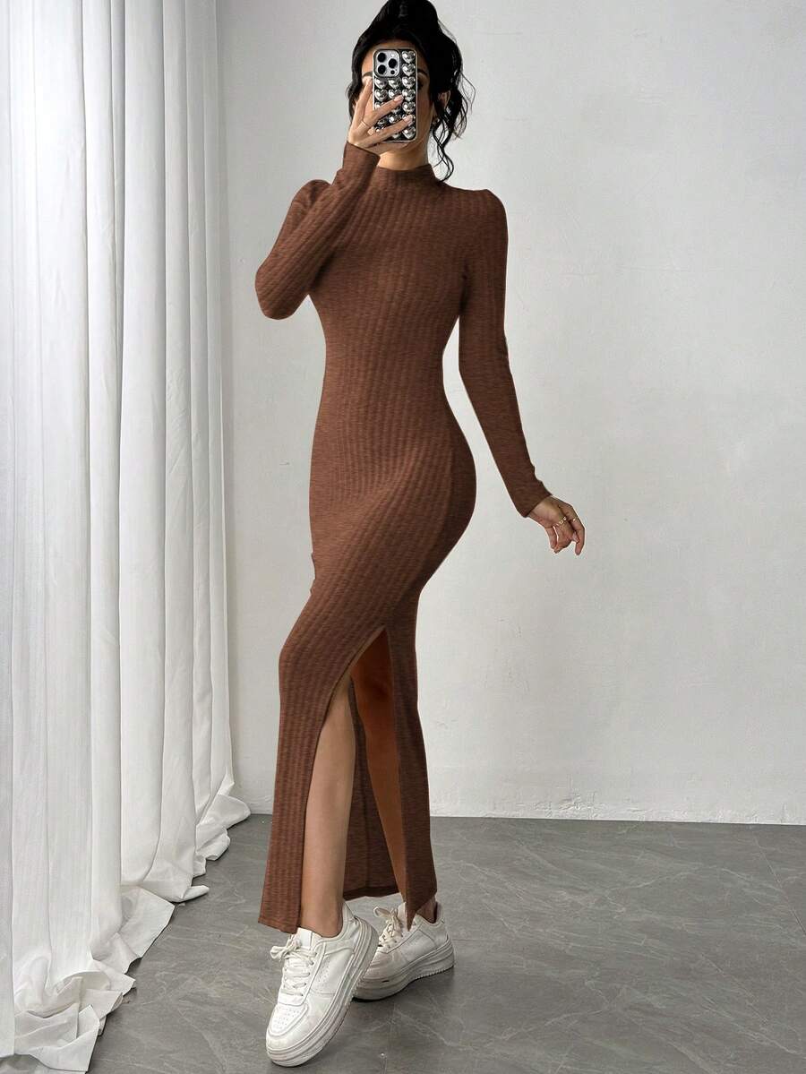Siren Gaze 女士长款侧开衩高领长袖连衣裙，女士连衣裙罗纹连衣裙长款连衣裙冬季长款毛衣连衣裙长款紧身连衣裙开衩连衣裙 - 棕色 - 查看 1
