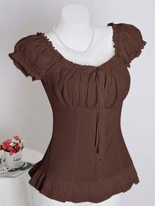 Sweetra 女式夏季纯色荷叶边下摆系带腰短袖衬衫 - 棕色 - 查看 3