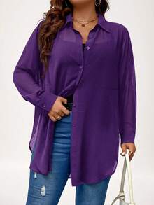 SHEIN LUNE Plus Size Women's Plain Long Sleeve Single Breasted Casual Loose Shirt Business Casual Woman - Purple - View 6