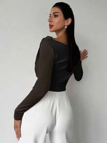 Firerie Áo thun tay dài cổ bẻ phối màu đơn giản thanh lịch quyến rũ gợi cảm hàng ngày cho nữ đi làm lễ hội âm nhạc nghỉ dưỡng - màu nâu - Xem 2