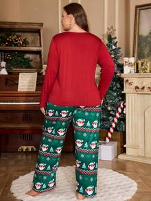 Conjunto de pijama de talla grande con estampado navideño de Papá Noel, cuello redondo y manga larga, top y pantalones, ropa de otoño e invierno