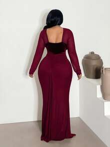 Maweii Damen Samtkleid in Große Größen mit langen Ärmeln, geeignet für Ball, Date, Party, tailliert, bodenlang - Bordeaux - Übersicht 2