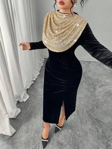 Modelyn Elegantes Partykleid für Damen in Große Größen mit Rüschenkragen, Samt- und Pailletten-Patchwork - Schwarz - Übersicht 6