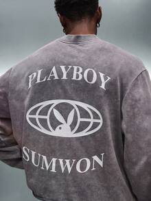 PLAYBOY X SUMWON Kaos Lengan Panjang Potongan Pendek dengan Detail Logo Kelinci di Bagian Bawah yang Dicuci, Gaya Streetwear Vintage - Dark Grey - View 1