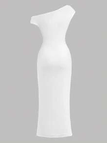 SHEIN Girlism Vestito in maglia a vita elastica con volant e strati per ragazze adolescenti, vestito casual ed elegante con spalla asimmetrica, vita arricciata, aderente e lungo in colore unito, adatto per Ognissanti, rientro a scuola, feste e uscite - Bianco - Visualizzare 2