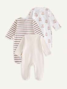 Cozy Pixies Bộ đồ liền thân 3 món cho bé trai/bé gái sơ sinh, họa tiết động vật hoạt hình, chất liệu mềm mại, cổ tròn, tay dài, áo liền thân có khóa kéo, quần áo mùa thu cho bé, trang phục sơ sinh unisex, bộ đồ ngủ họa tiết gấu, đồ mặc nhà kẻ sọc, bộ đồ ngủ nhiều món cho trẻ sơ sinh. - Màu Khaki - Xem 2
