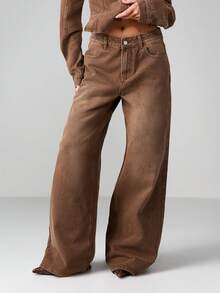 MISSGUIDED Wide Leg High Rise Straight Leg Jeans For Women Fall Winter Fashion Denim Pants - Coffee Brown - View 1