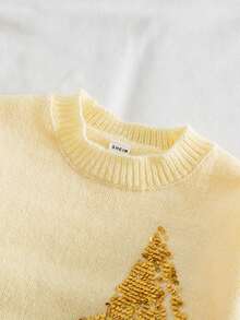 SHEIN 女童亮片五角星图案圆领长袖休闲毛衣，秋冬季闪亮服饰，适合3-4岁女童，秋冬季服装，毛衣，女童针织毛衣，女童秋冬季毛衣，可爱服饰，春秋季套装，女童秋冬季服装，女童服装，女童秋冬季服装，毛衣，女童秋冬季毛衣，秋冬季女童服装，秋冬季女童服装，套头衫 - 黃色 - 查看 5