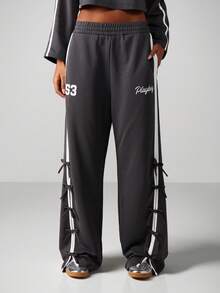 Missguided x Playboy Quần nỉ ống rộng có nơ buộc bên hông, quần chạy bộ thường ngày mặc ở nhà - Màu xám đen - Xem 1