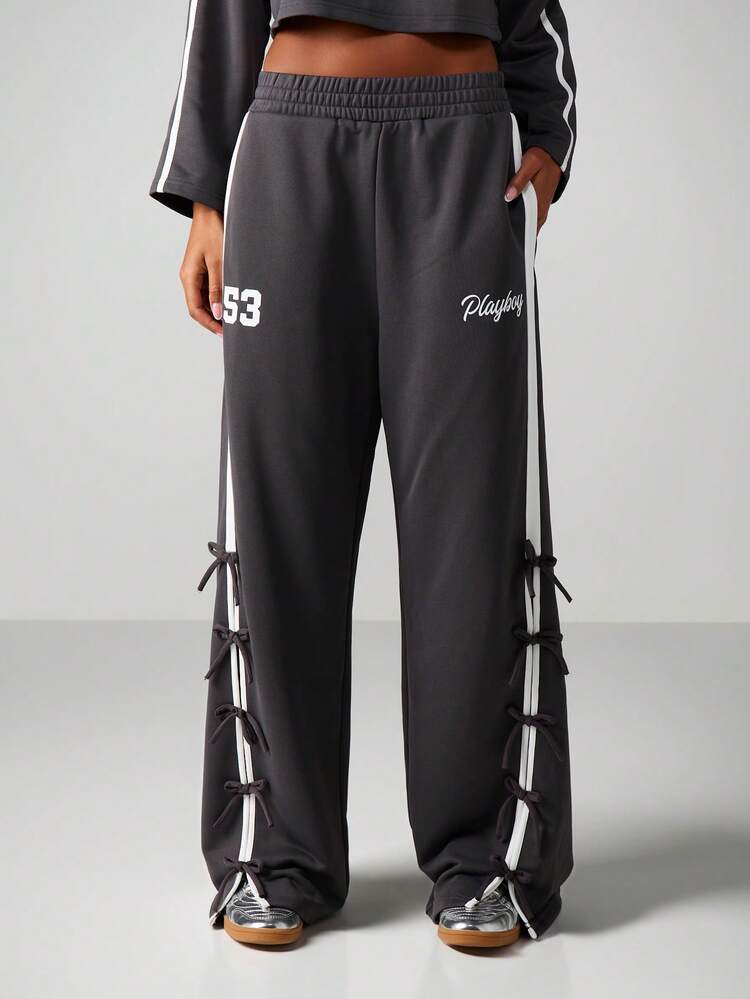 Missguided x Playboy Wide Leg Sweatpants With Bow Detail Side Ties Casual Joggers For Loungewear