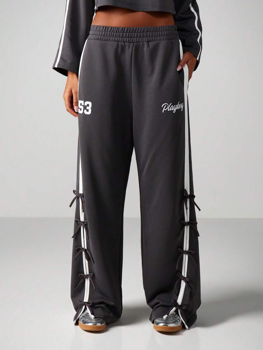 Missguided x Playboy Quần nỉ ống rộng có nơ buộc bên hông, quần chạy bộ thường ngày mặc ở nhà - Màu xám đen - Xem 1