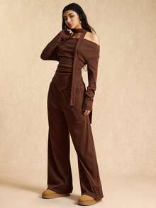 Easelle 女式纯色简约露肩上衣和裤子两件套，休闲日常穿着 - 棕色 - 查看 6