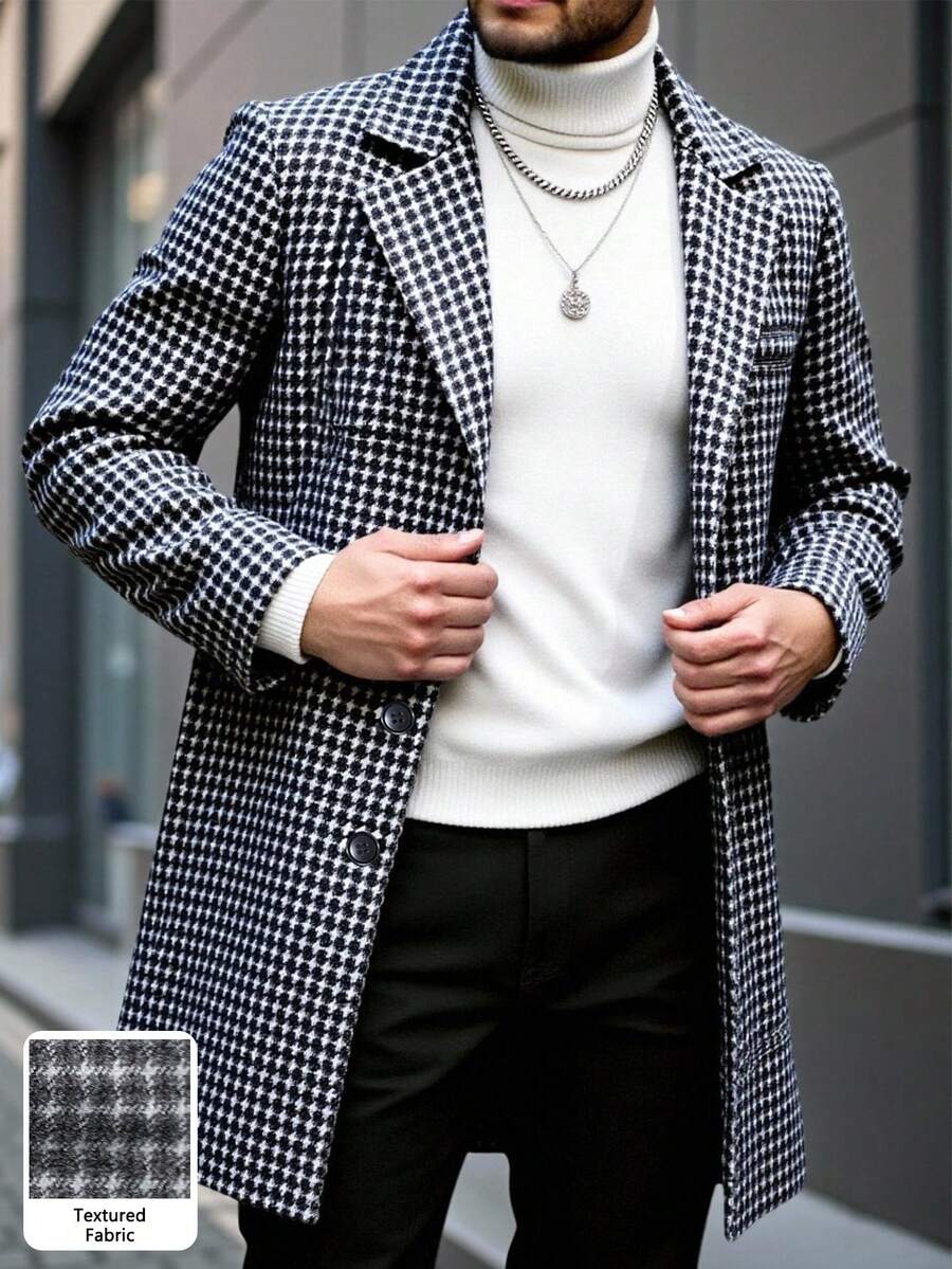 Manfinity Mode 男士长袖夹克，带口袋和前襟纽扣，休闲秋装，搭配黑色千鸟格纹，也是送给朋友、男朋友、丈夫的理想礼物 - 黑與白 - 查看 1
