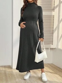 SHEIN Maternity Casual Solid Color Turtleneck Long Dress, Autumn/Winter - Dark Grey - View 5