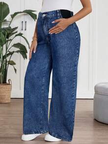 SHEIN 孕妇休闲水洗阔腿牛仔裤 - 深色水洗藍 - 查看 5