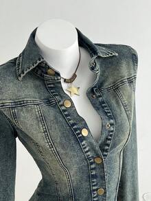 Elamini Women's Vintage Style Waist Cinched Long Sleeve Denim Blouse Jean Shirt Denim Tops For Women Vintage Clothes Fashion Clothes European Style Clothes - Blue - View 5