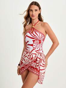 CAJUNI 女士花卉印花系腰罩衫裙套装，度假风 - 紅白色 - 查看 5