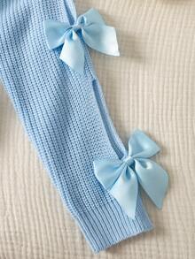 SHEIN 青少年女孩休闲圆领长袖镂空蝴蝶结针织毛衣，秋冬 - 藍色 - 查看 4