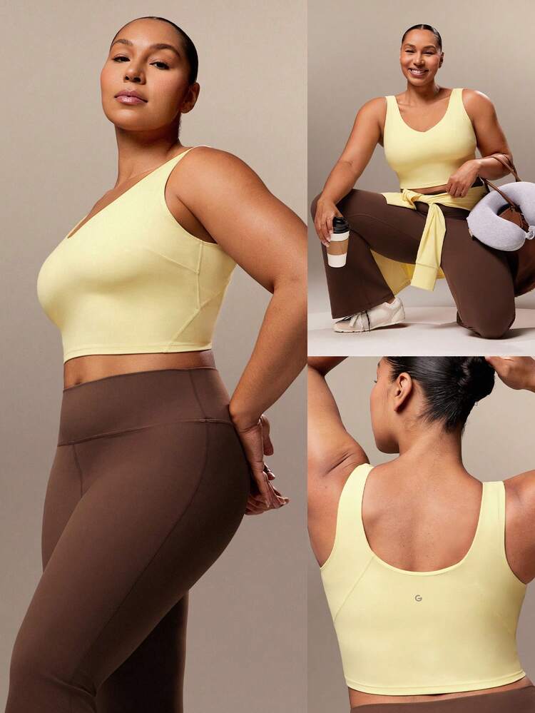 FeatherFit™ U Neck U Back Cropped Sports Bra Tank Top Low Impact Yoga Pilates Daily Removable Cups